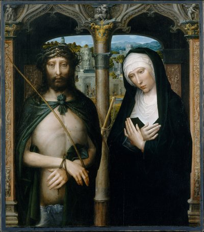 Christus met Doornenkroon (Ecce Homo), en de Treurende Maagd door Adriaen Isenbrandt or Isenbrant